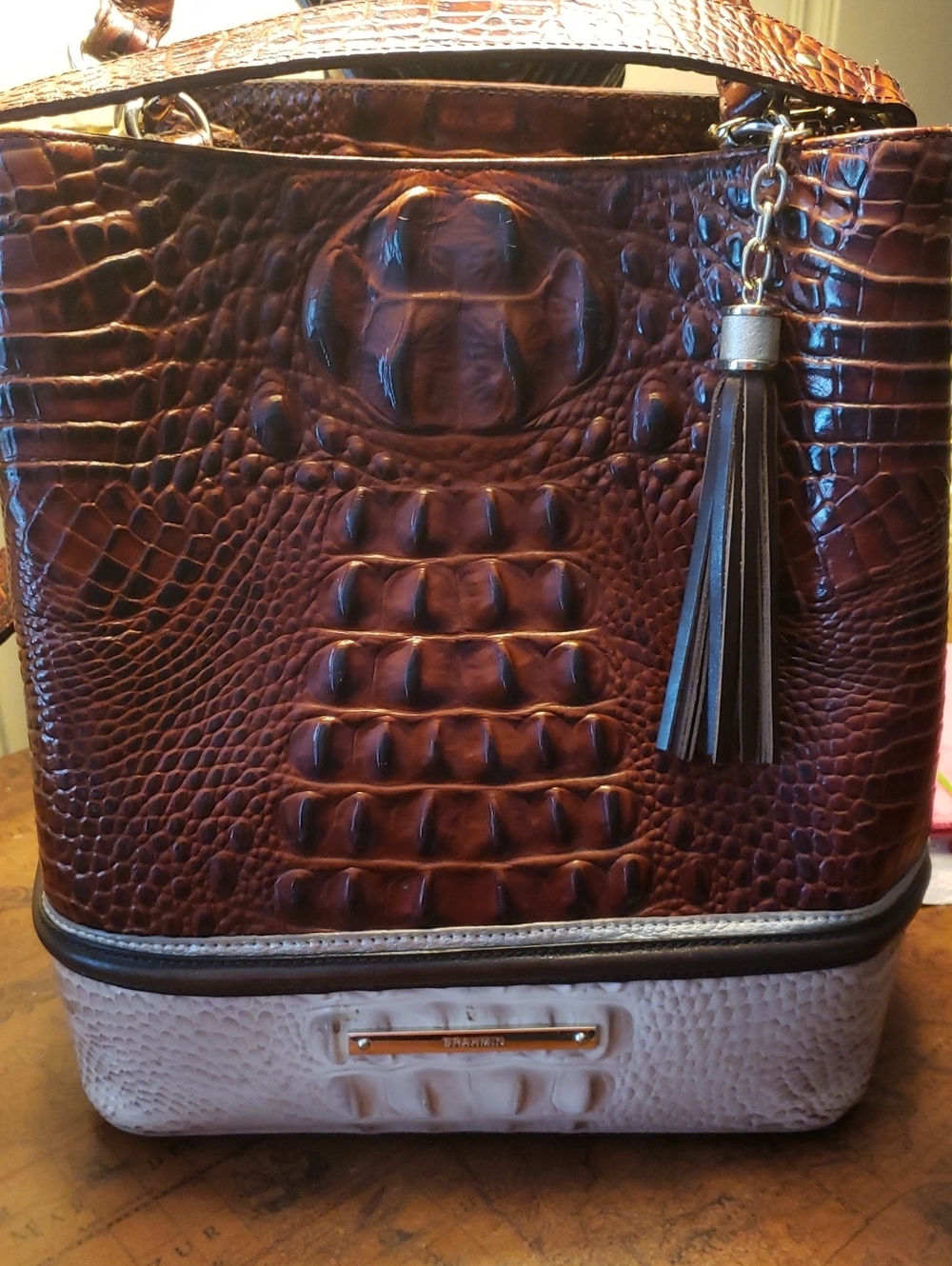 Brown Croc-Embossed Leather Tote Bag with Tassel